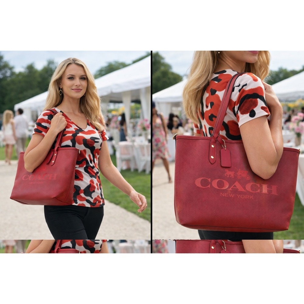 Coach Red Leather "New York Maggie" Tote Bag Large Logo Horse & Carriage EUC***